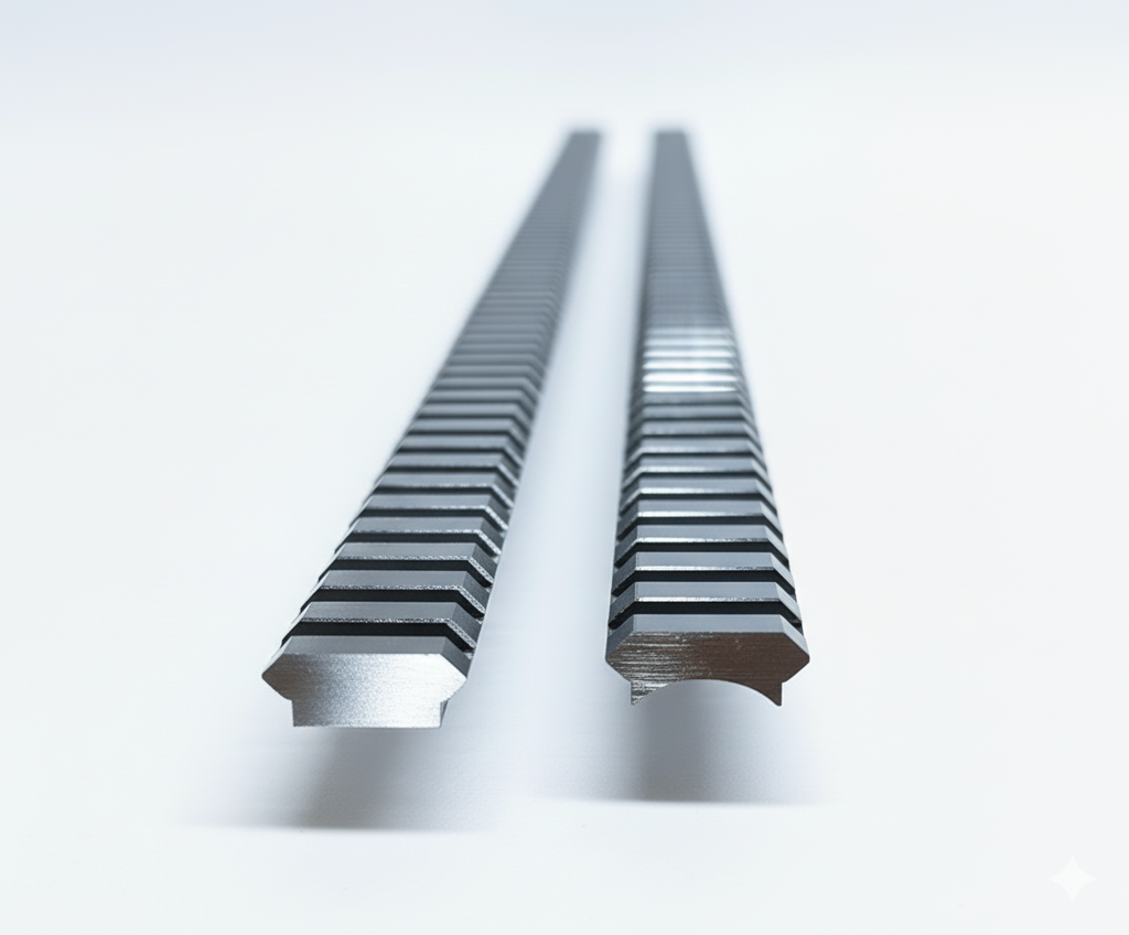 a flat and radius base weldable 1913 picatinny rail viewed from the end on a white background 