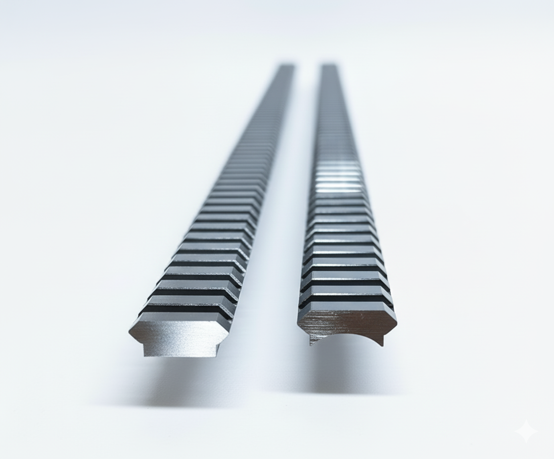 a flat and radius base weldable 1913 picatinny rail viewed from the end on a white background 