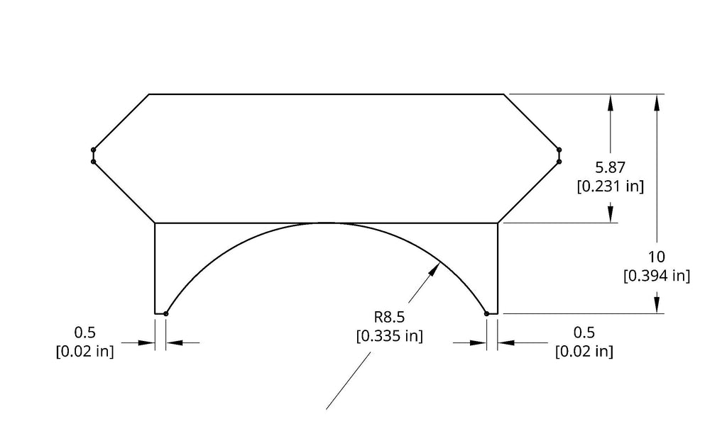 Technical drawing of a Picatinny rail with a radius base, cross section view with dimensions.