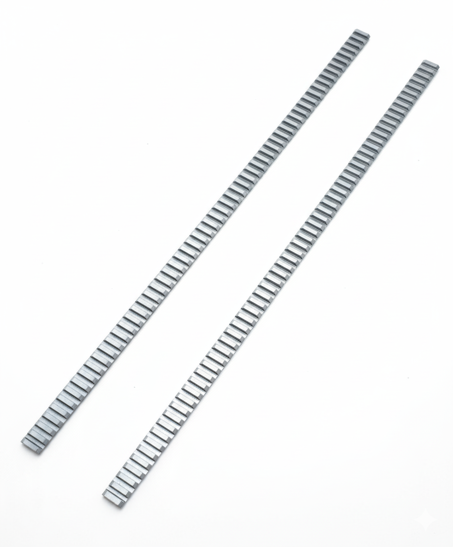 two 1913 weldable picatinny rail sections viewed from the top on a white background